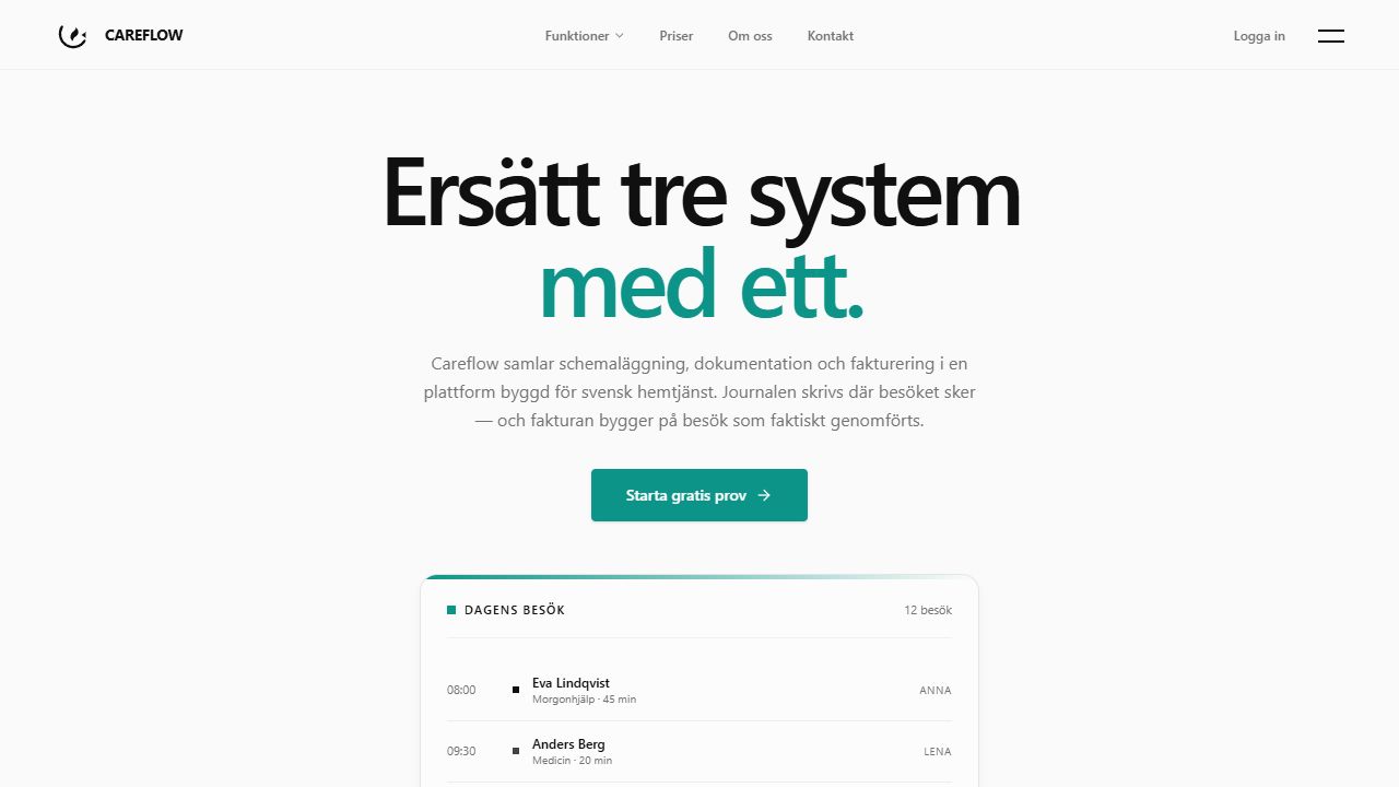 Careflow's Swedish home page, showing its home-care platform and a sample visit schedule